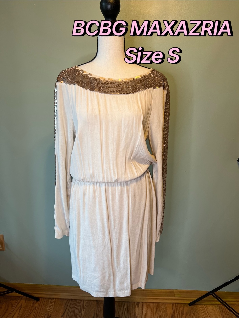 BCBGMaxAzria Marcel Ivory Long-Sleeve Dress with Gold Sequin Trim Size S